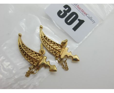 Two 9ct Gold Middle Eastern Style Dagger Pendants, (5grams). (2) 