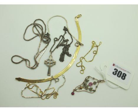 An Edwardian Openwork Pendant, circular collet set, with seed pearl set highlights (losses), stamped "9ct"; together with a m