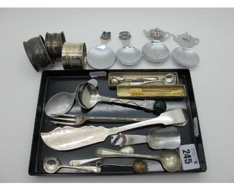Hallmarked Silver amd Other Napkin Rings, caddy spoons, a fiddle pattern butter knife, a decorative Aesthetic pickle fork, no