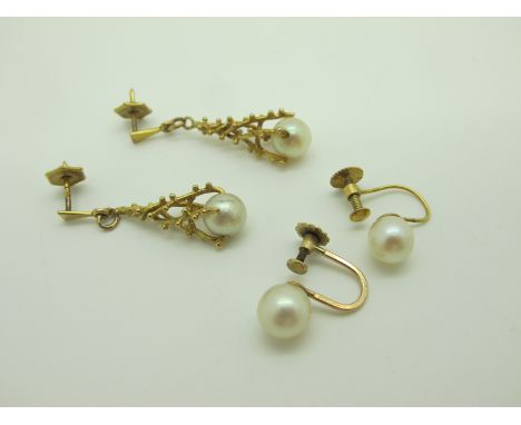 A Pair of 9ct Gold Single Pearl Drop Earrings, of abstract texture finish; together with a pair of single pearl earrings (unp