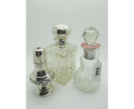 A Hallmarked Silver and Cut Glass Scent Bottle, Messrs Hutton, London 1900, of square form, with spherical hinged lid, 14.5cm