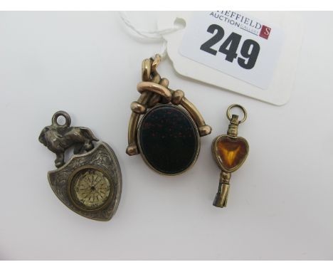 A Hardstone Inset Swivel Fob Pendant, stamped "10C"; together with a hallmarked silver compass shield pendant (damaged / inco