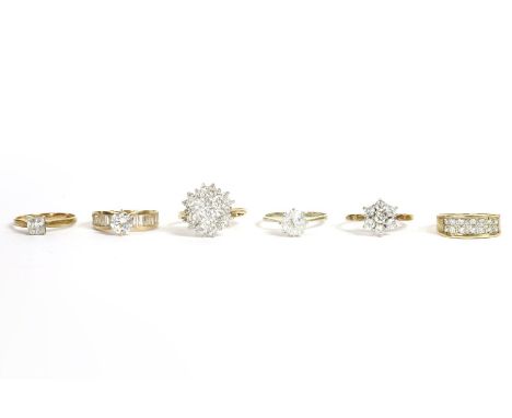 Six assorted white stone rings, to include four 9ct gold cubic zirconia rings, including a cluster example, 11.73g, a two cub