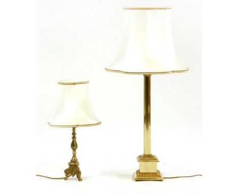 A brass table lamp, of Corinthian column form, together with an 18th century style lamp