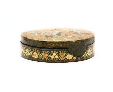 A Russian black lacquer circular lidded box, with hunting scene decoration, signed V to the interior, 11cm diameter
