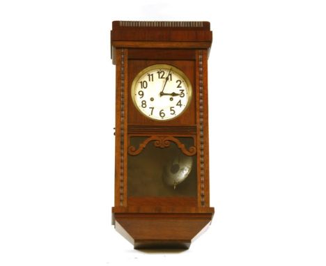A Victorian slate mantel clock, of architectural form, 35cm high, together with an oak cased wall clock (2)