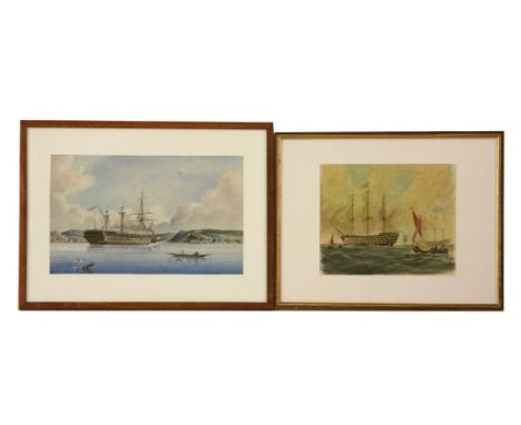 English School,19th centuryMAN O WAR OFF A COASTLINE Watercolour heightened with white25.5cm x 41cm'together with;A FIRST RAT