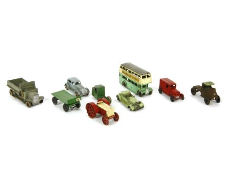 Nine various toy vehicles, including Dinky Double Decker Dunlop Tyres; two by Tootsie toys; two Dinky Half Track; Lug Wheel T