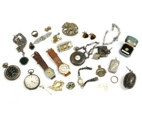 A collection of items, to include a white metal Ingersoll Radiolite pocket watch, with black dial, a gentlemen's brass signet