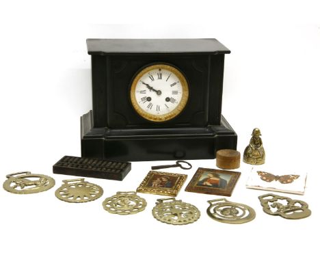 A Victorian slate mantel clock, together with a Chinese miniature abacus, two painted icons, various horse brasses (Qty.)
