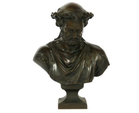 After Mathurin Moreau (1822-1912), a bronze bust of Hippocrates, late 19th century, square base, signed Moreau.Mat and Gelot.