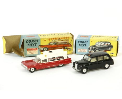 Corgi 418 Austin Taxi, boxed, and 437 Superior Ambulance, lacking the light, boxed