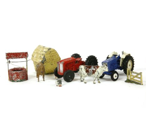 A collection of lead figures, comprising Britains Ltd and Johillco examples, to include soldiers on horseback, farmyard anima