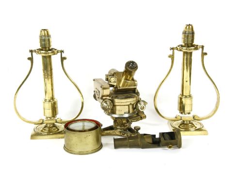 A pair of 19th century Palmer &amp; Co London brass nautical gimbal candlesticks, each with shaped frame and maker's stamp, h