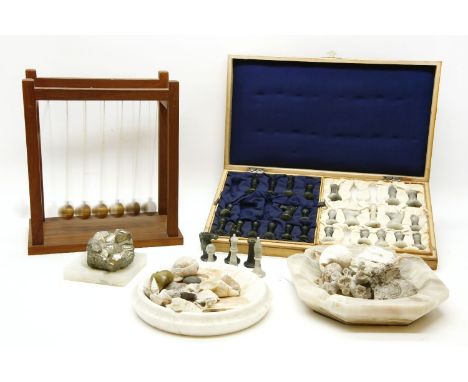 A hard stone chess set, together with a leather playing card set, a Burnham pencil set, a Jasperware roundel, a Kingsley enam