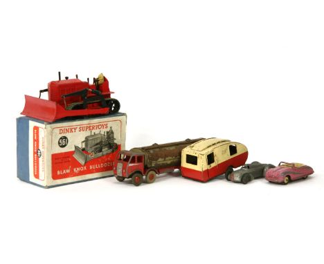 Dinky and other toy vehicles, including racing cars, tractor, caravan, Blaw Knox bulldozer etc