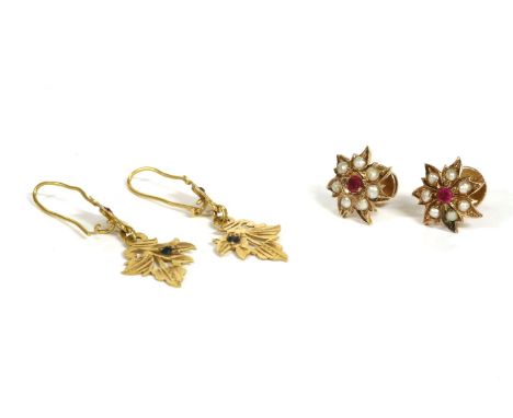 A pair of Indian gold synthetic ruby and split pearl floral cluster earrings, with post and screw fittings, 3.33g, tested as 