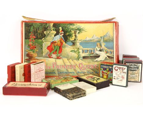 A late 19th century to early 20th century The Princes' Quest board game, together with fourteen varying card games comprising