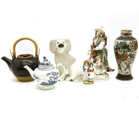 A collection of ceramics, to include Leach pottery Tenmoku glazed tea kettle, a Dresden figure, an 18th century Worcester tea