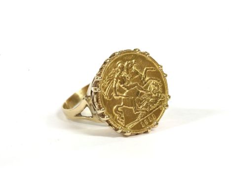 A 1911 half sovereign, claw set to a ring mount, heart shaped open head to a plain polished shank, 8.13g