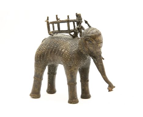 A Benin bronze figure of an elephant with howdah to its back, height 22cm