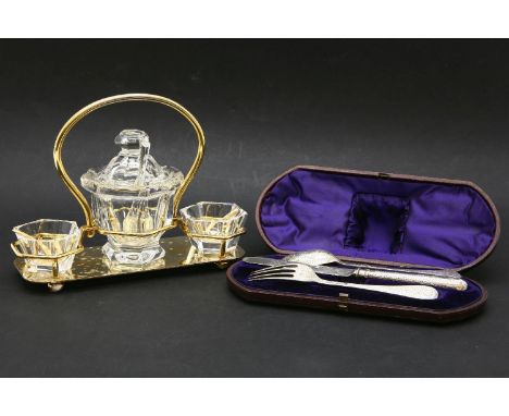 A Baccarat glass condiment set, in the Harcourt pattern, together with a cased silver christening set containing knife, fork 