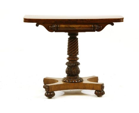 A 19th century mahogany card table, with spiral turned column, 92cm wide, 47cm deep, 75cm high