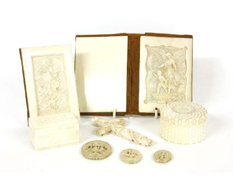 European market ivory items, engine turned box, pieced box, crucifix, two ladies note books, and three further items