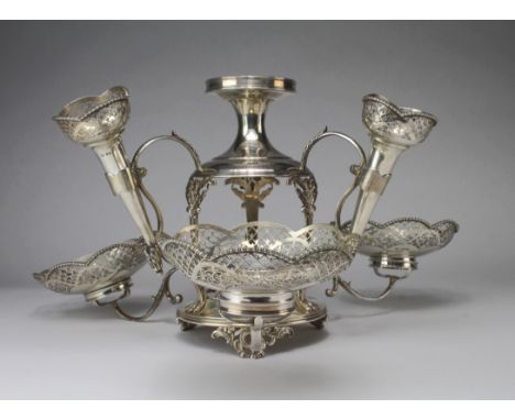 Silver Epergne with three arms, three dishes and three flower tubes. Has a repair to one arm which obliterates the hallmarks 