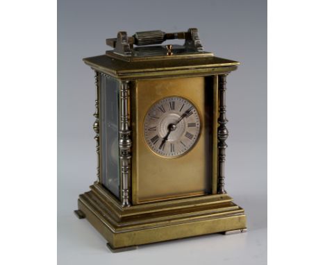 Brass five glass chiming carriage clock, circa 19th century, silvered dial with Roman numerals, movement marked with an inter