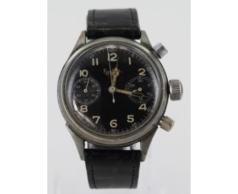German WW2 pilot`s watch by Hanhart, the black dial with luminous hands and Arabic numerals centre second sweep with two subs
