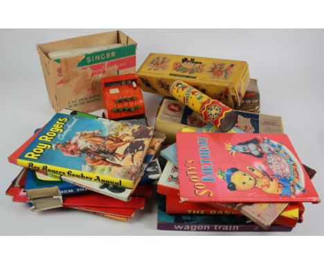 Seventeen childrens Annuals, including Dandy 1962, Dennis the Menace 1964, etc., together with six childrens toys, including 