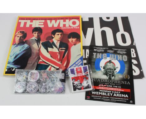 Pop memorabilia - The Who, inc several pin badges, pull out poster, and book 'The Who Maximum R&B', trading cards   (qty)