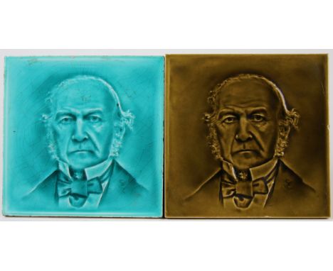 Two glazed portrait tiles by George Cartlidge, circa late 19th century, depicting William Gladstone, 15.5cm x 15.5cm approx.