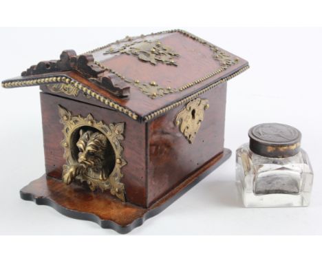 Unusual Victorian walnut & brass inkwell holder, depicting a dog kennel with dog inside, hinged lid, with brass mounted glass