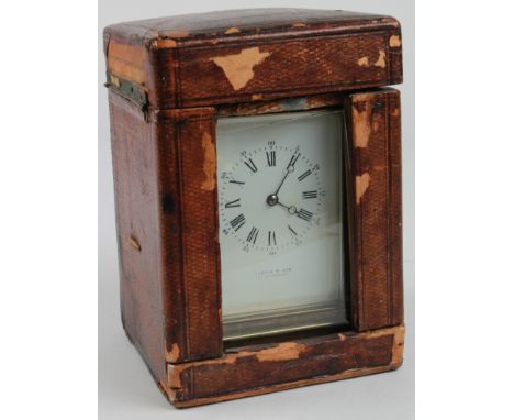 Large brass five glass carriage clock, by Aldred & Son, Great Yarmouth, key present, contained in original fitted leather cas