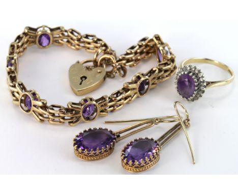 Suite of 9ct Gold Amethyst set Jewellery comprising Gate Bracelet, Drop Earrings and Ring size L weight 25.0g