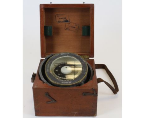 WWII Naval gimbal hanging compass, no. 2796 HS, contained in original mahogany case