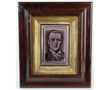 Craven Dunnill & Co. lilac majolica glazed portrait tile, circa early 20th century, depicting Joseph Chamberlain, framed, ima