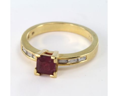 18ct Gold Ruby and baguette Diamond Ring size L weight 3.7g