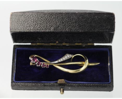 Yellow Metal (tests 15ct) Diamond and Ruby set Bar Brooch in original box weight 5.3g