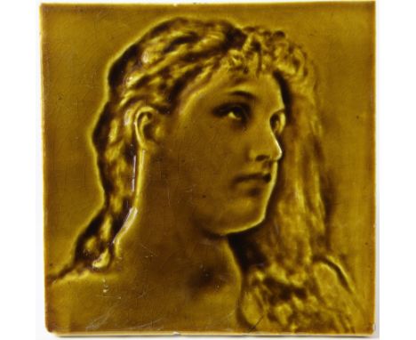 Sherwin & Cotton yellow majolica glazed portrait tile, circa late 19th to early 20th century, depicting a long haired lady, 1