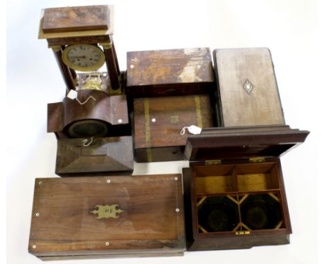 Seven boxes, including two writing slopes, tea caddy, etc., together with two mantle clocks