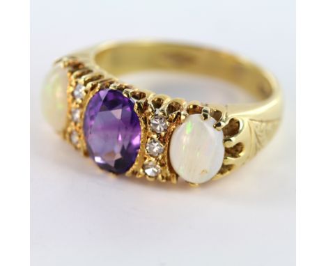 18ct Gold Opal/Amethyst/Diamond Ring size O weight 7.4g