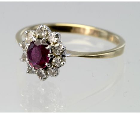 9ct Gold Ruby and Diamond cluster Ring size L weight 1.8g