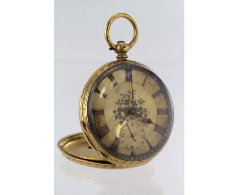 Gents 18ct gold open face pocket watch, marked in case "18k Warranted gold", the gilt engine turned and foliage engraved dial