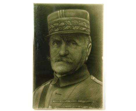 J H Barratt & Co. grey glazed portrait tile by George Cartlidge, circa early 20th century, depicting General Foch, small chip