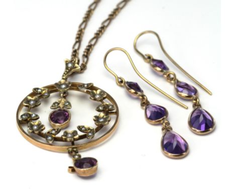 9ct Gold Art Deco style Amethyst and Seed Pearl Pendant on a 16 inch Figaro trace chain with matching drop Earrings weight 8.