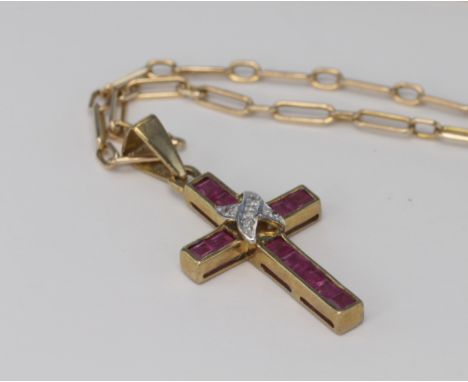 9ct Gold Ruby set cross on a fine 18 inch 9ct chain weight 3.8 gram