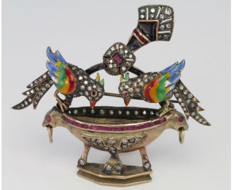 Yellow metal Russian brooch / pendant, comprising a pair of enamelled diamond and ruby set birds, drinking from a footed bowl